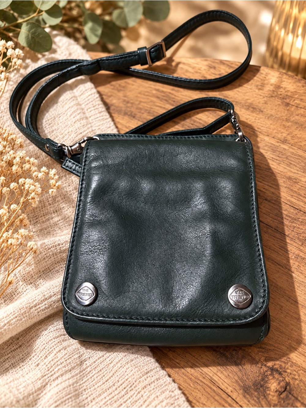 THE TREND Genuine Leather Dark Green Crossbody Wallet Bag